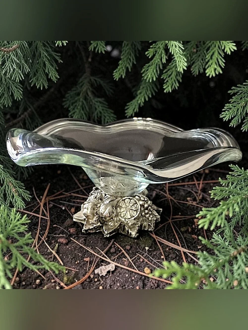 Vintage Murano Cristal Line Compote Bowl Dish Silver Tone Fruit Pedestal Italy